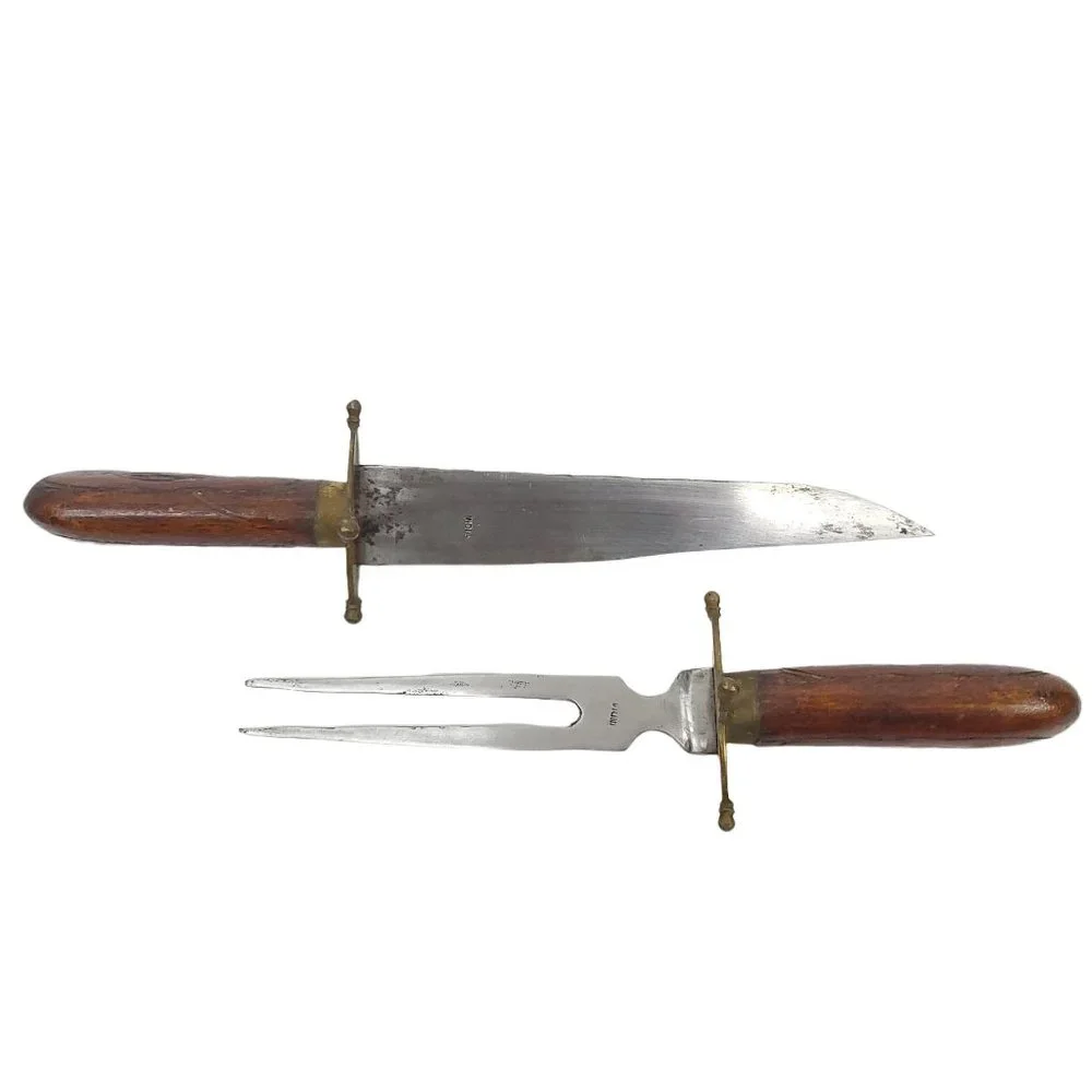 Vintage Carving Knife Fork Set Carved Wood Sheath Brass Engraved India